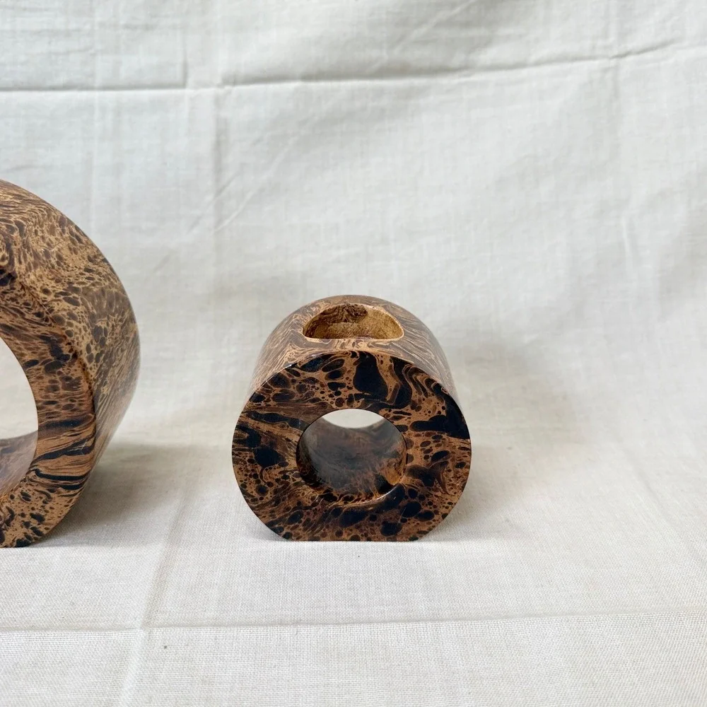 Vintage Postmodern Burl Wood Style Candle Holder Set, 1980s